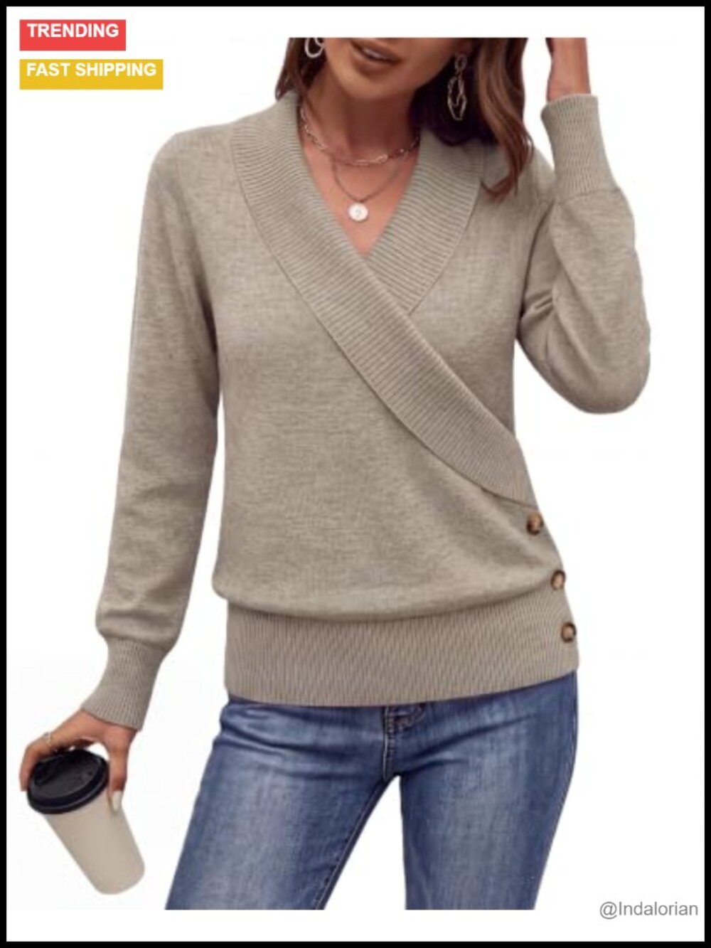 Womens V Neck Long Sleeve Knit Pullover Sweater Ribbed Trim